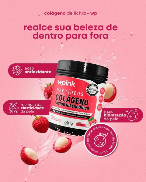 A high-conversion 4:5 ad creative for a collagen supplement, utilizing vibrant pink branding and clear, benefit-focused call-outs surrounding the product.